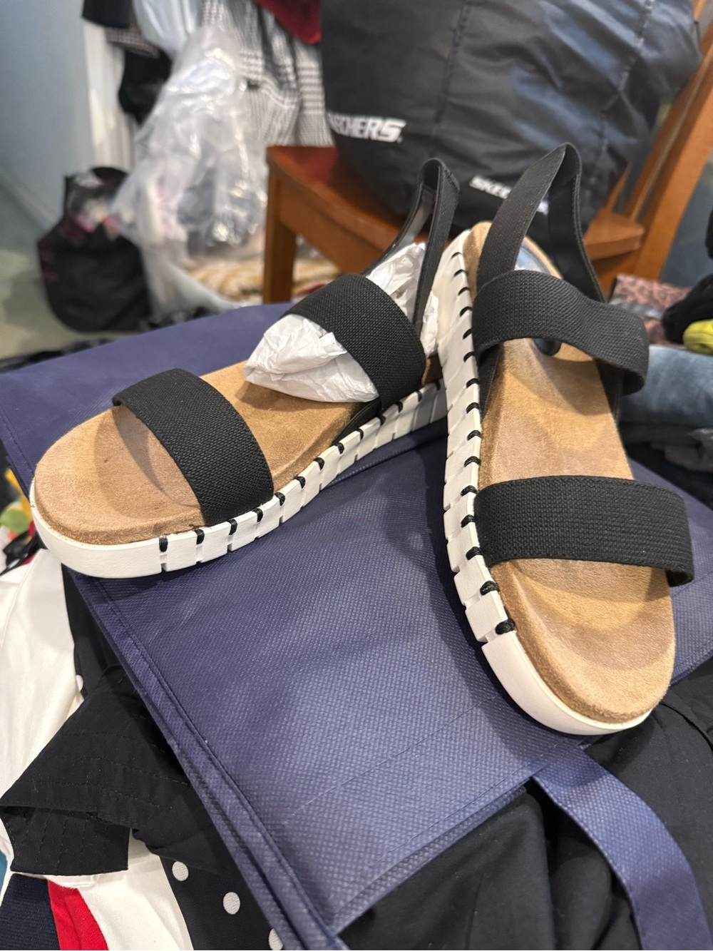 New Style & Co Black stretch strap  Platform Sandals with White Trim